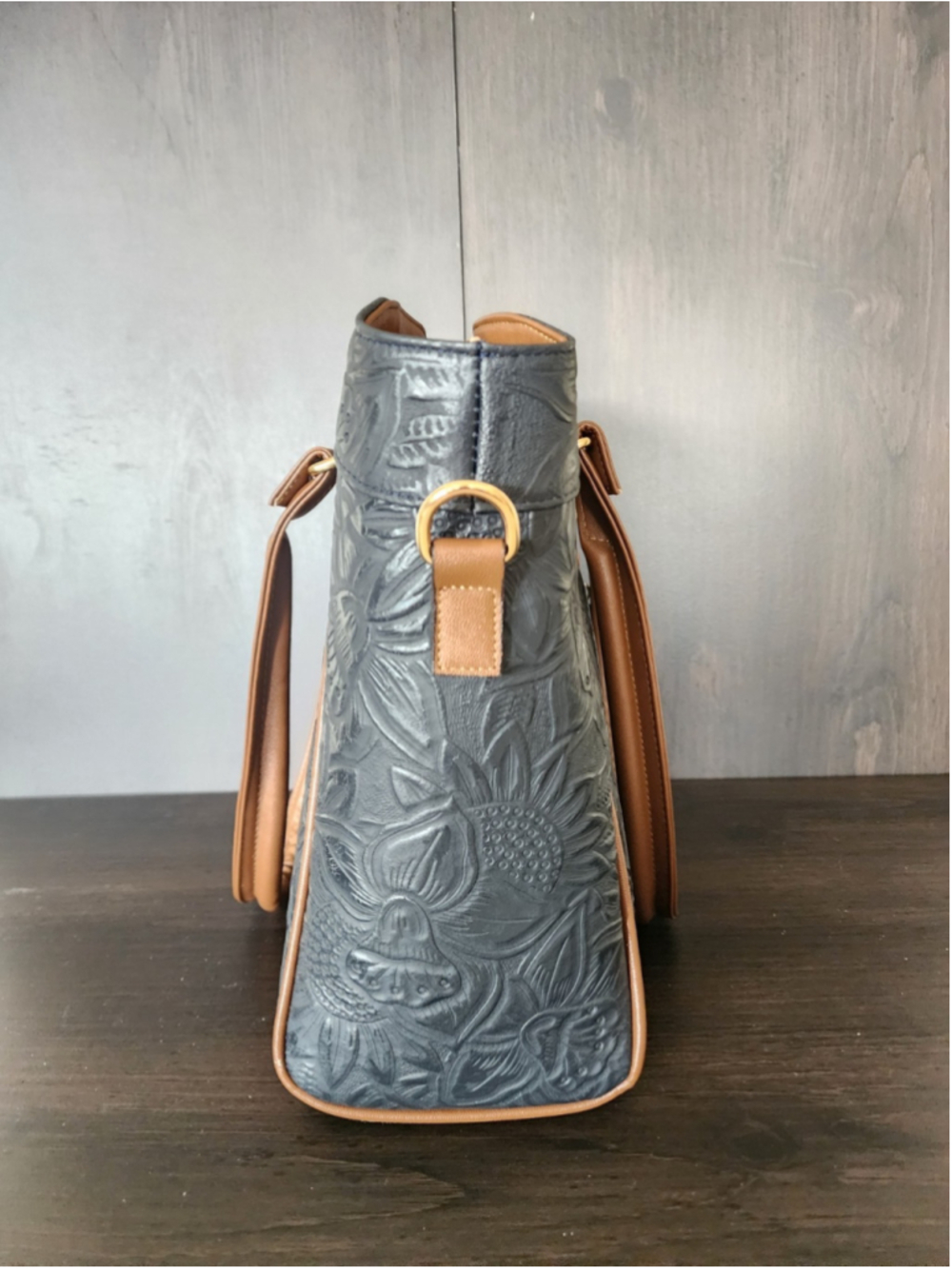 Sunflower Marine NAVY Blue Brown Embossed Tooled Artisan LEATHER Purse Handbag - Picture 9 of 16